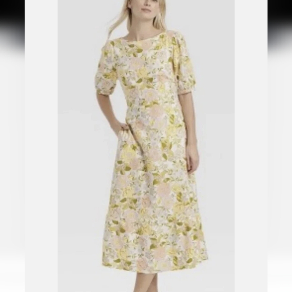 NWOT 55% Linen Tie-Back Keyhole Floral Puff Sleeves Tiered Dress P2P 21.5 in.